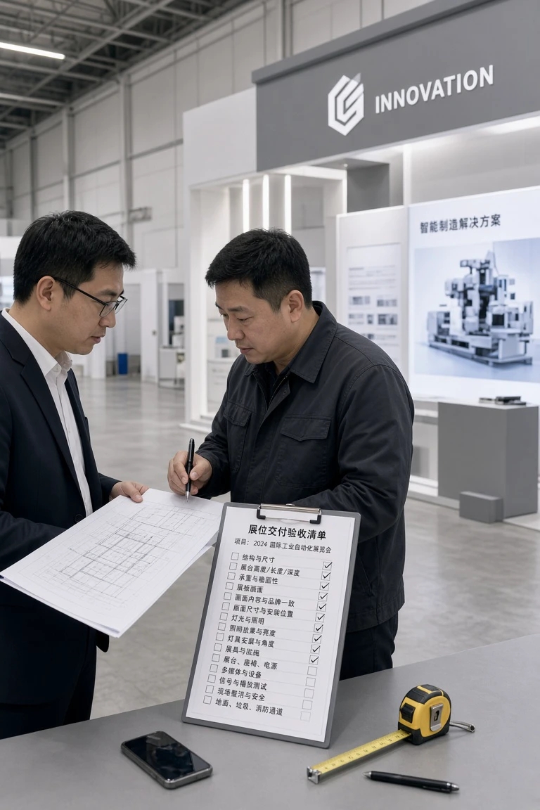 参展企业与搭建人员在展位现场对照图纸进行验收