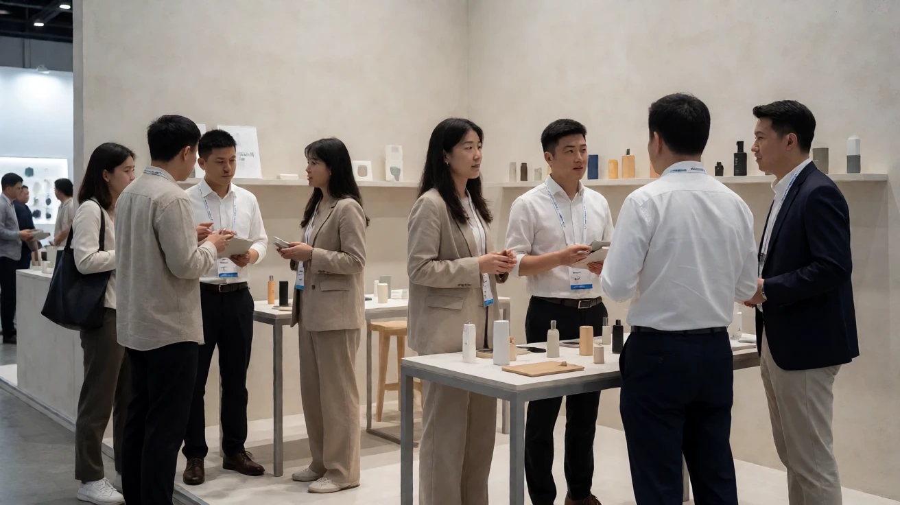 中小企业在展会简洁展台前与专业观众交流