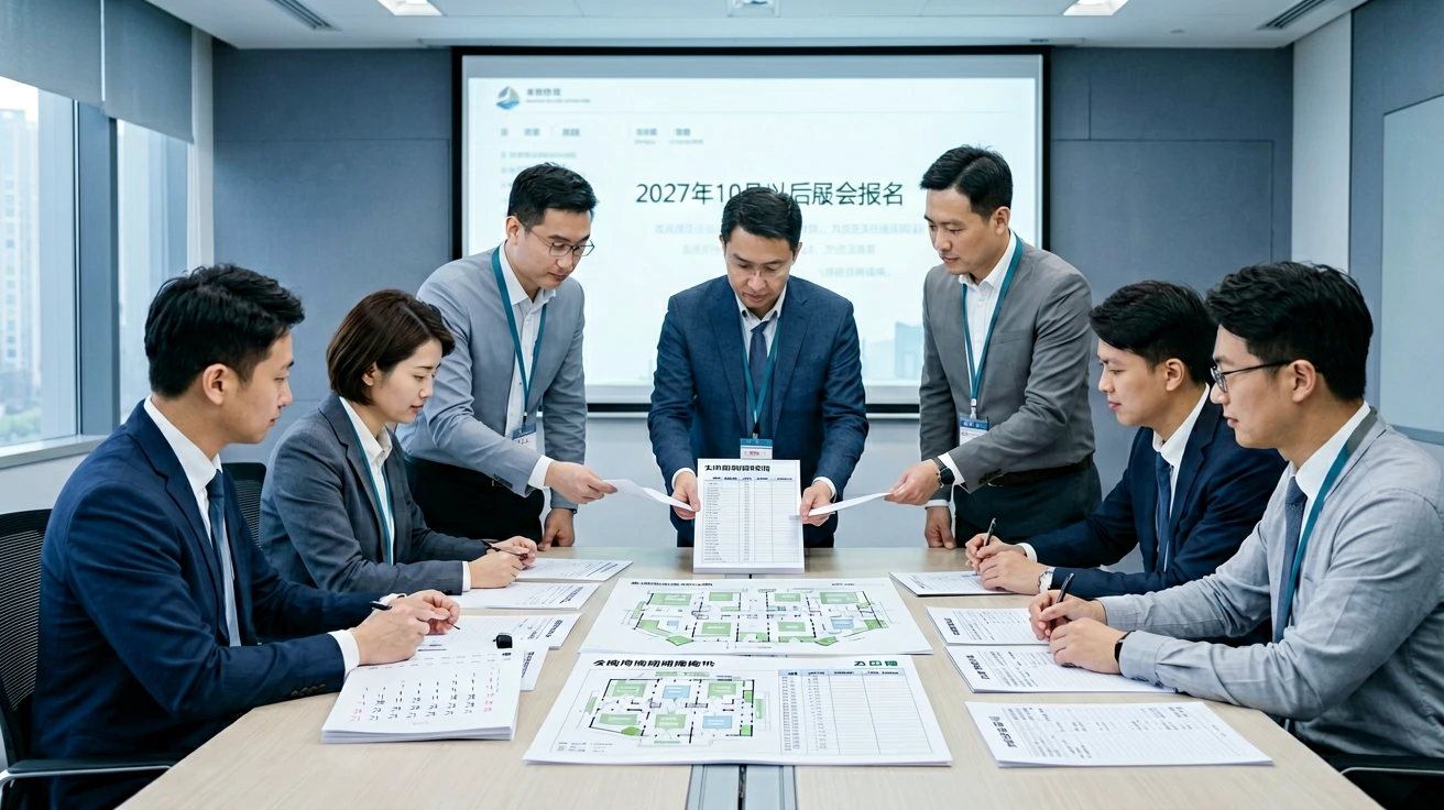企业团队核对2027年展会报名与场馆信息